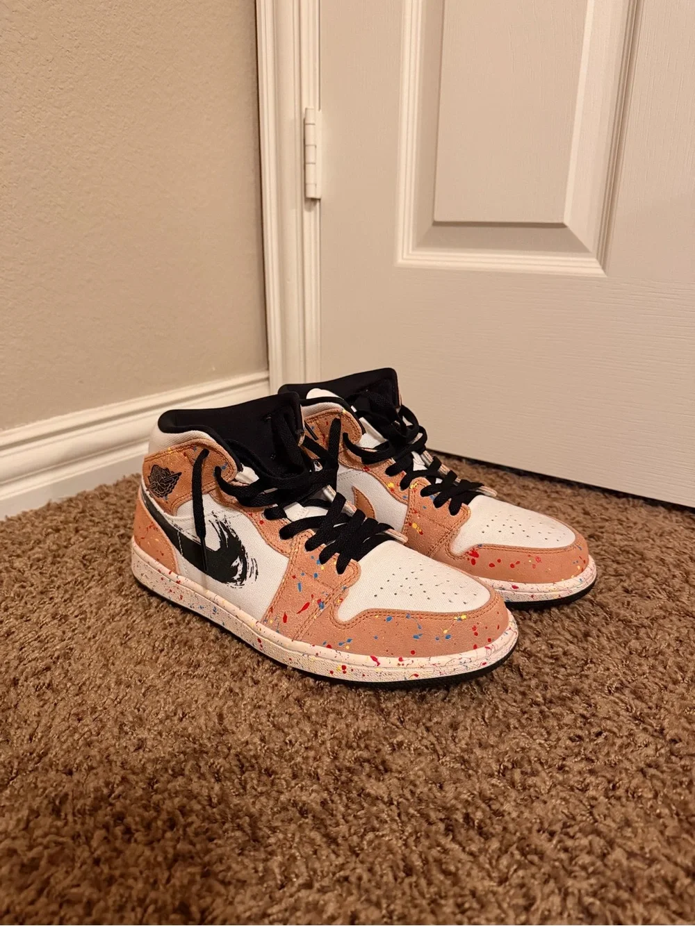 Jordan Kids High-Top Sneakers in White, Tan & Black with Multicolor Splatter